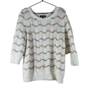 Relativity Womens Open Knit Crew Neck 3/4 Sleeve Eyelash Cream Sweater Large